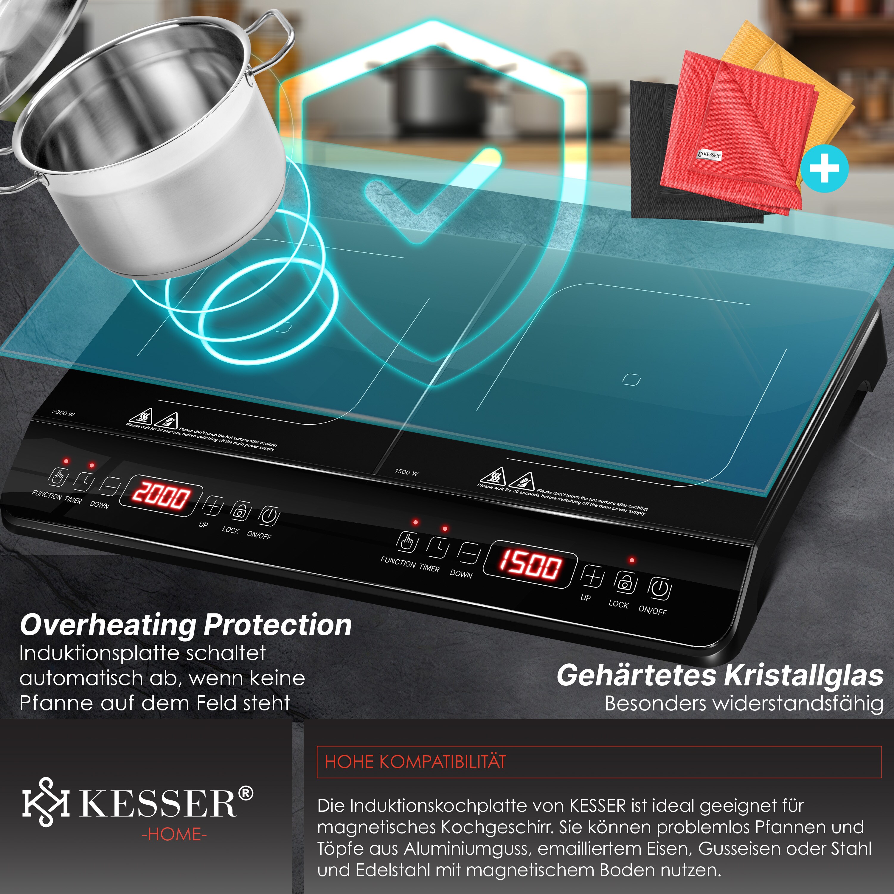 KESSER® Induktionskochplatte Induktionskochfeld Tragbare 28cm Kochplatte + 3x Mikrofasertuch + 1x Rezeptbuch, Heizstufen, Stunden-Timer, Touch-Steuerung, Booster-Funktion 220-240V