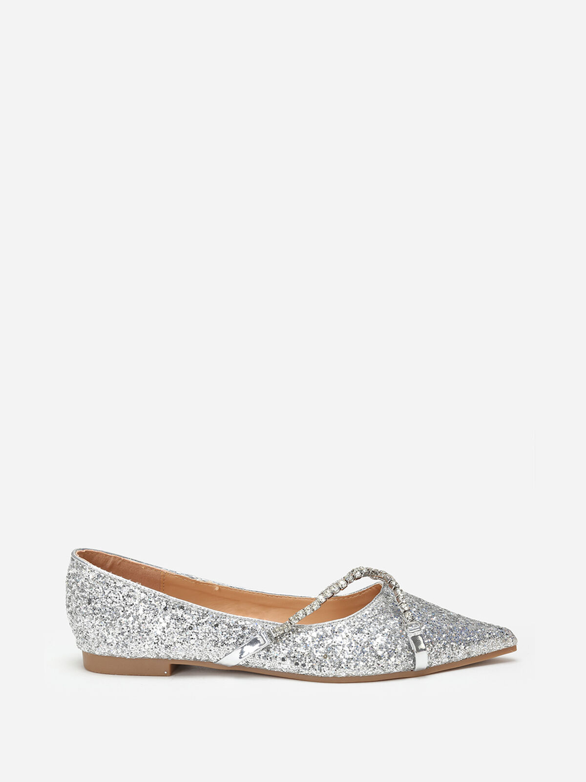 Ballerines pointues à paillettes et strass- Argenté