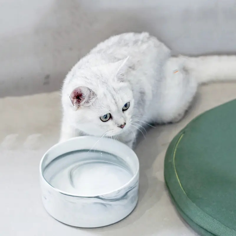 Keramik Haustier Futter Napf Katzen Fressnapf Marmor Hunde Schale mit Holz Halterung - Grau