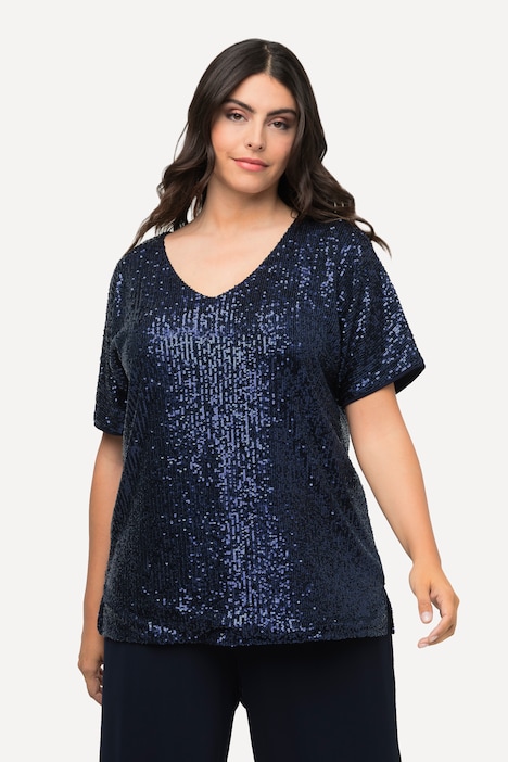 Pailletten-Shirt, Oversized, V-Ausschnitt, Halbarm