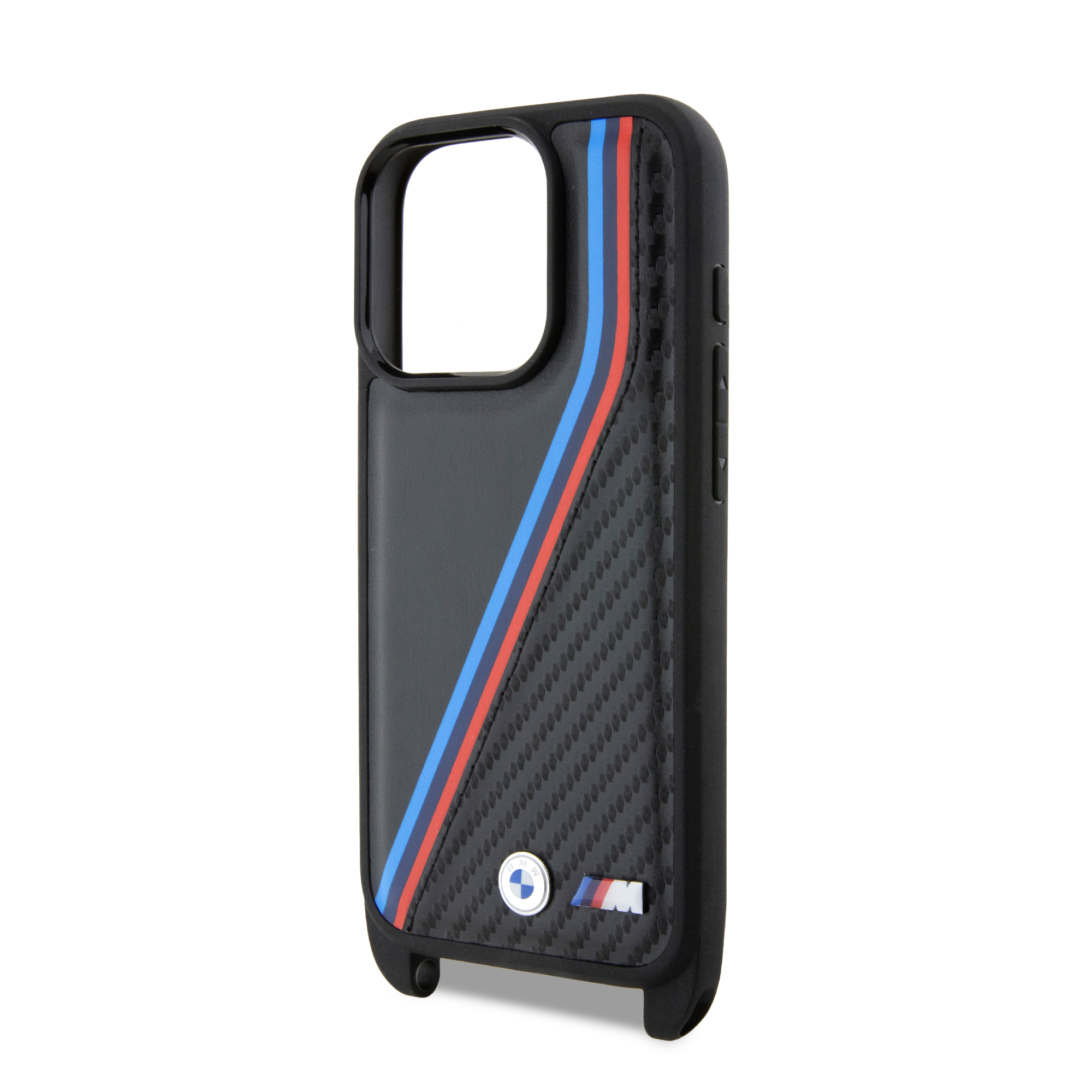 (160cm) iPhone 15 Pro Necklace Leder Hardcase Hülle Carbon Tricolor Lines & Strap   Handykette (BMHCP15L23PSVTK) - Schwarz