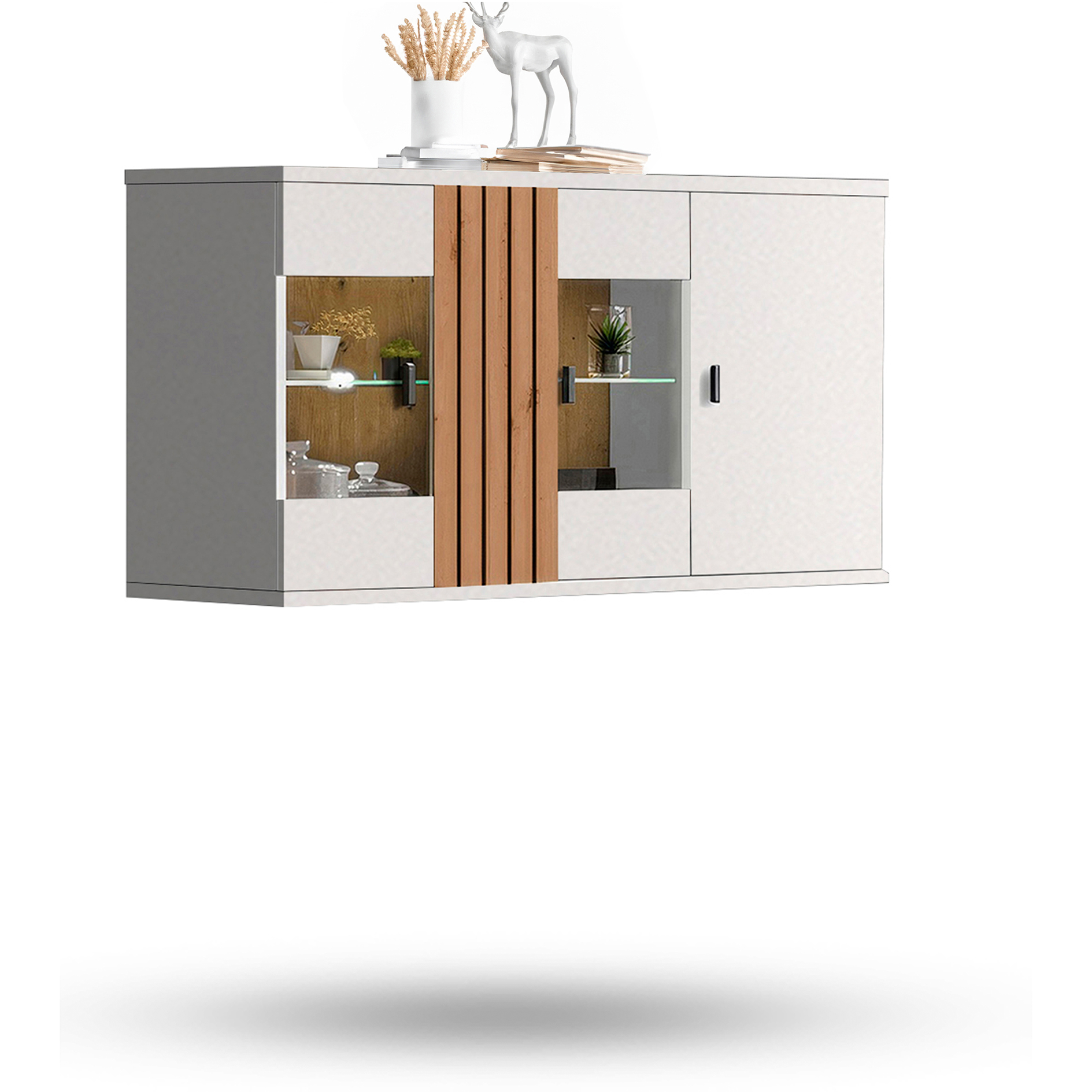 Hängevitrine BARLET - weiß-Artisan Eiche - Softclose