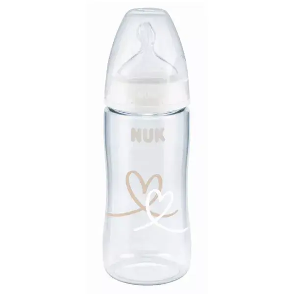 Mamadeira Nuk First Choice+ para bebês de 0 a 6 meses, fluxo médio, controle de temperatura, branca, formato de coração, 300ml