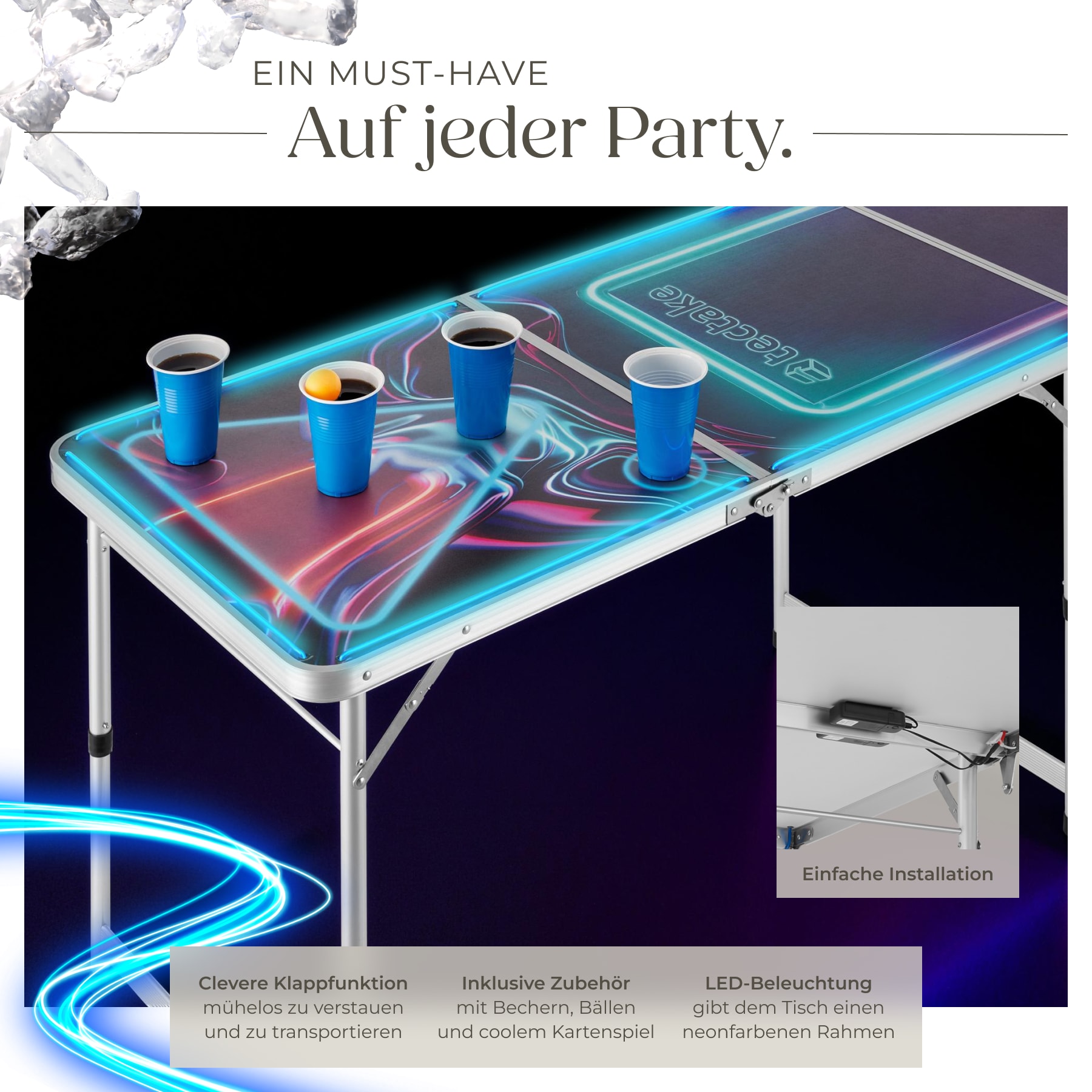 tectake® Bierpongtisch, aus Aluminium, mit LED-Beleuchtung, bodenschonende Kunststofffüße, inklusive 100 Bechern, 6 Bällen und Kartentrinkspiel