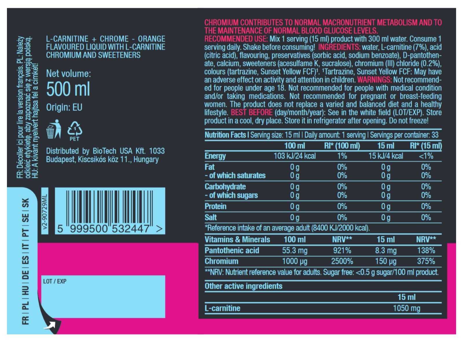 Biotech USA L-Carnitina líquida + Cromo 500 ml