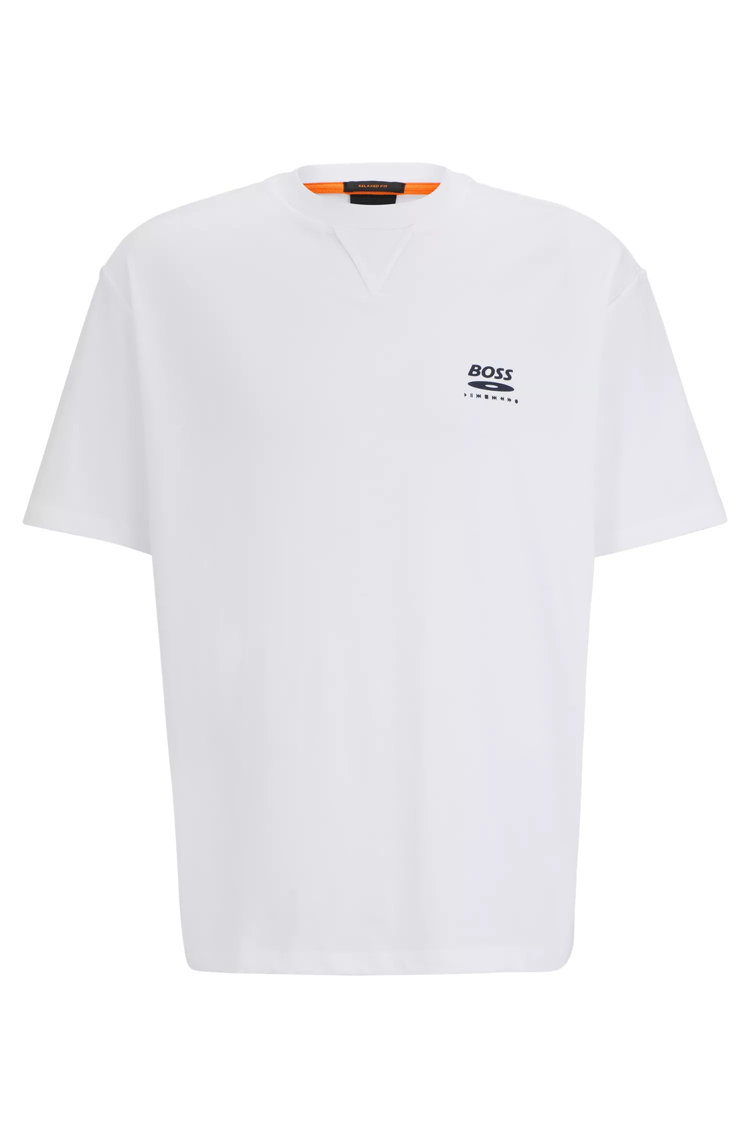 Camiseta BOSS laranja de algodão com modelagem oversized e estampa sazonal.