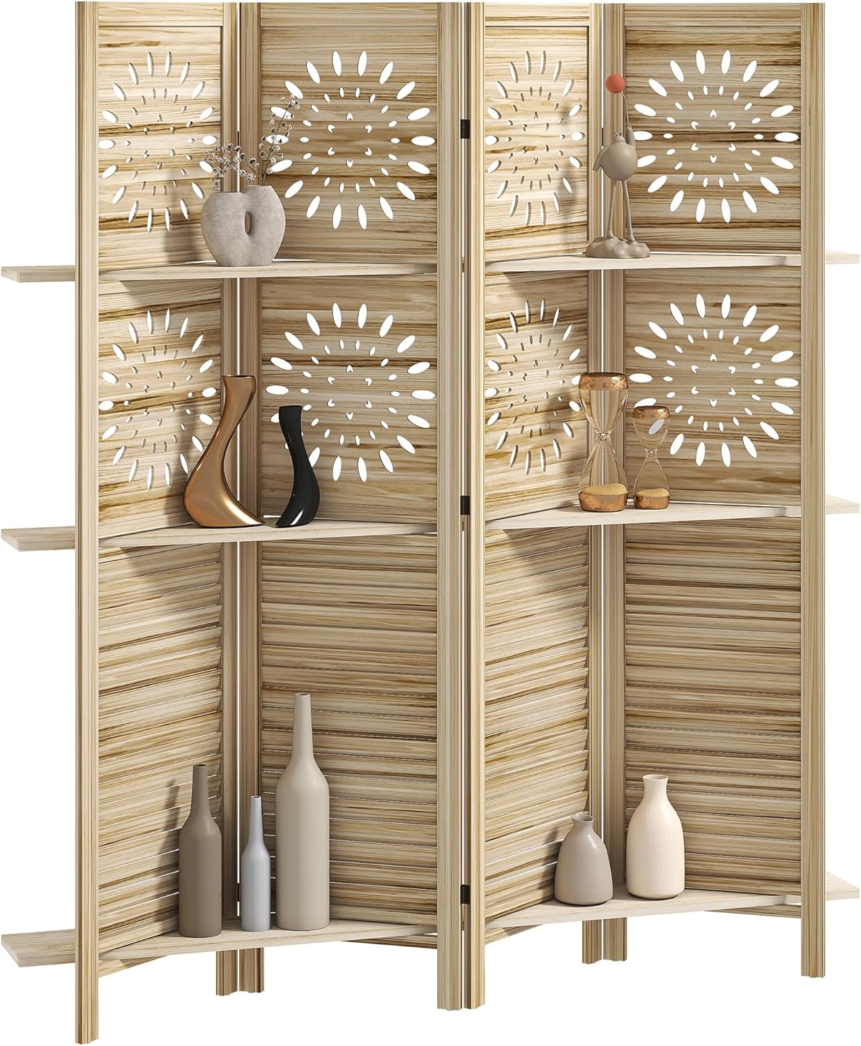 HOMCOM Innenraum-Paravent mit 4 Paneelen und 3 Regalen, 160 x 170 cm, faltbarer Raumteiler aus Paulownia-Holz, Trennwand für Wohnzimmer, Schlafzimmer, Haus, Naturholz
