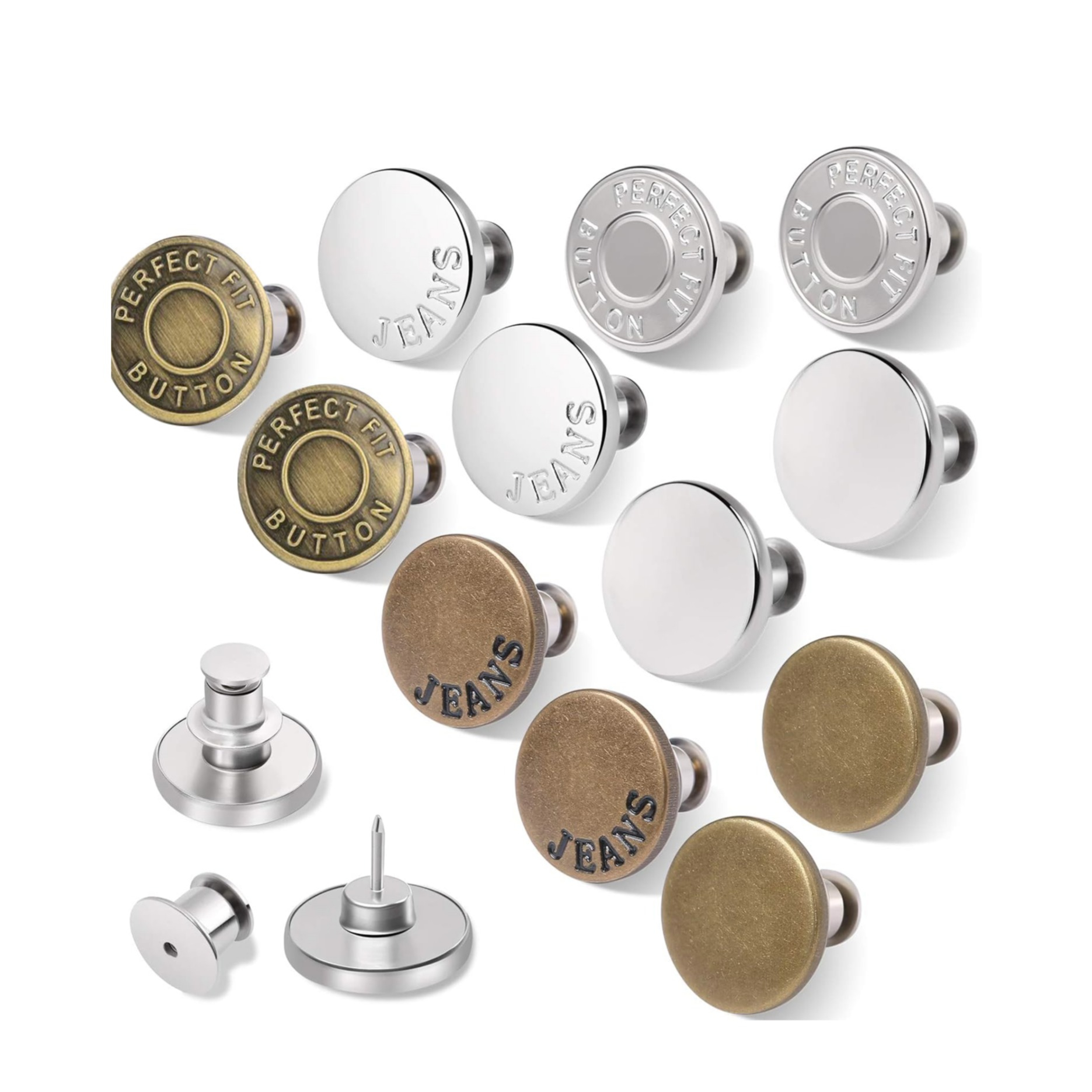 (12er Set) Ø17mm Metall Ersatz Knöpfe DIY Mercerie Zubehör Button Pins für Jeans / Jacken / Hosen - Silber / Bronze