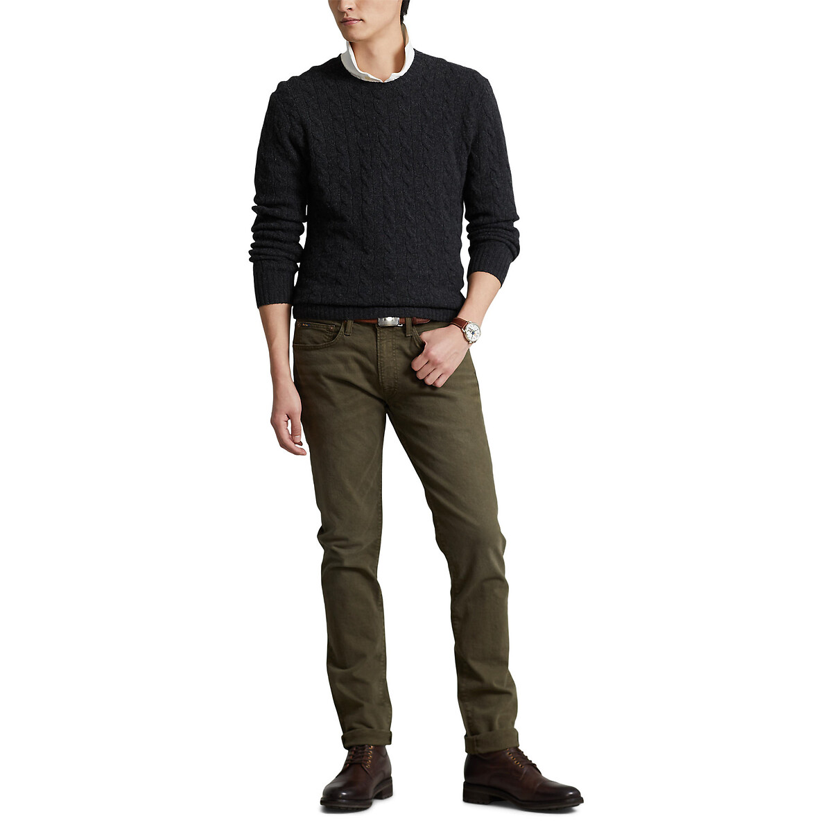 POLO RALPH LAUREN<br>Suéter de gola redonda em lã e cashmere, com padrão de tranças