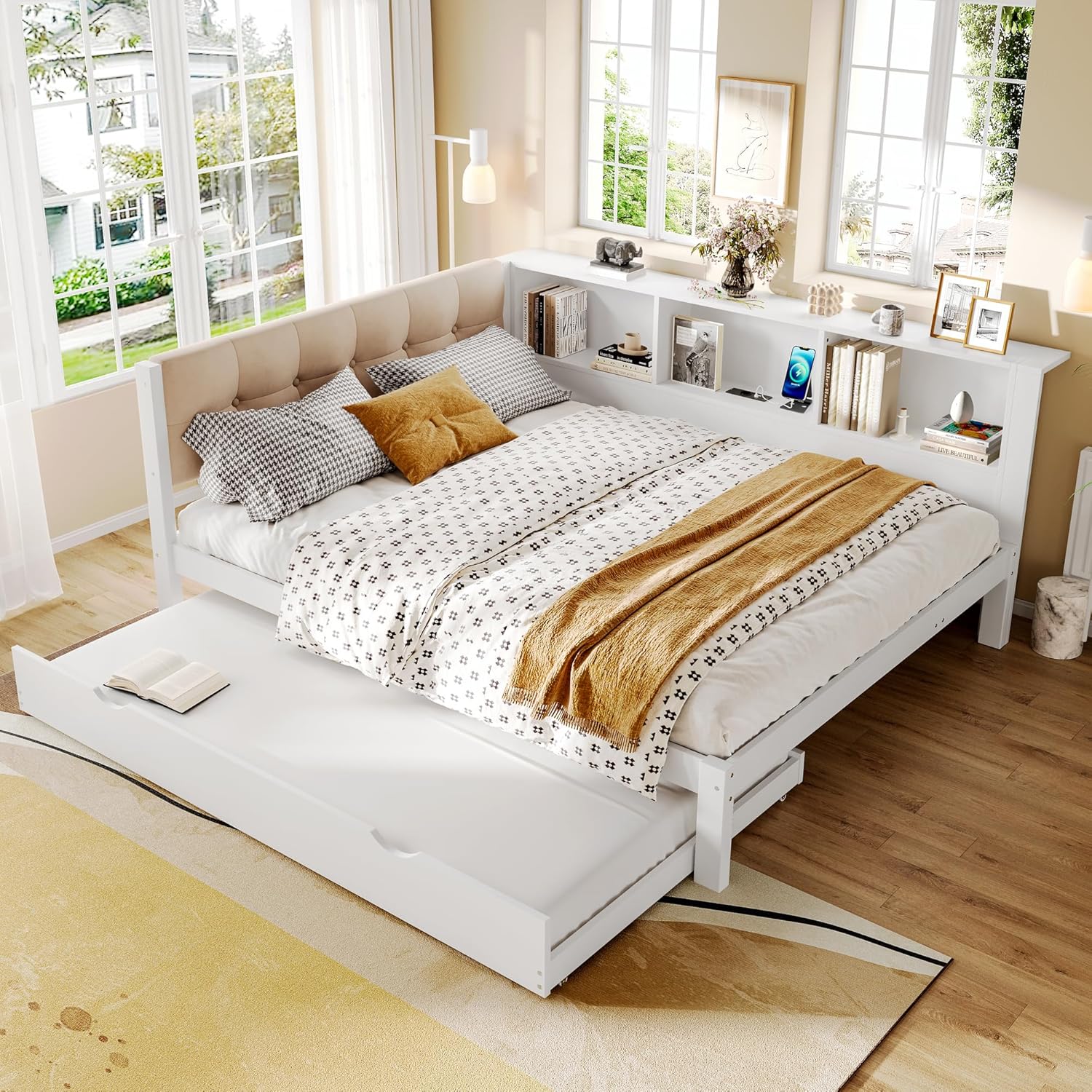 LED Tagesbett Doppelbett 140x200 cm mit Ausziehbett 90x190 cm und USB, Schlafsofa Sofabett mit Gepolstertes Kopfteil, Schlafcouch Holzbett Bettgestell mit Lattenrost, Weiß, Ohne Matratze