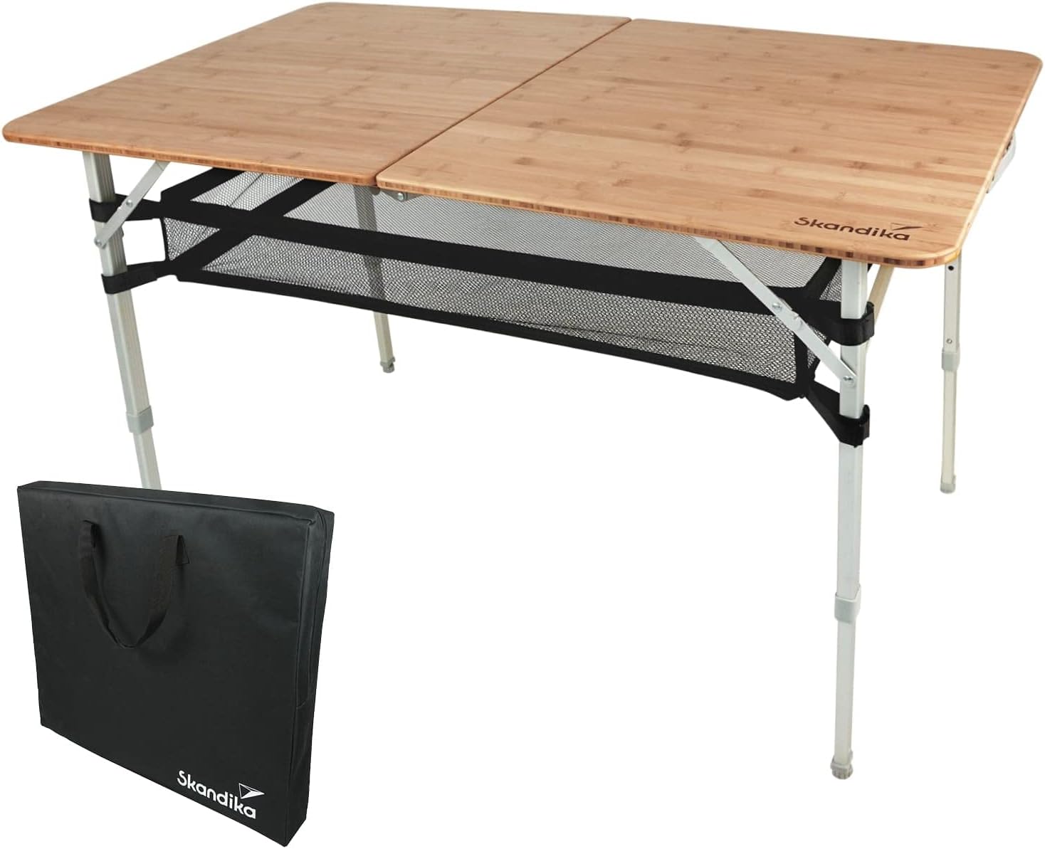 Skandika Bambus Campingtisch Tolja | Faltbarer Tisch mit Netzablage, versch. Größen, 3-Fach höhenverstellbar, Alu, Holz, wetterfest, UV-beständig | Klapptisch für Camping, Garten, Balkon
