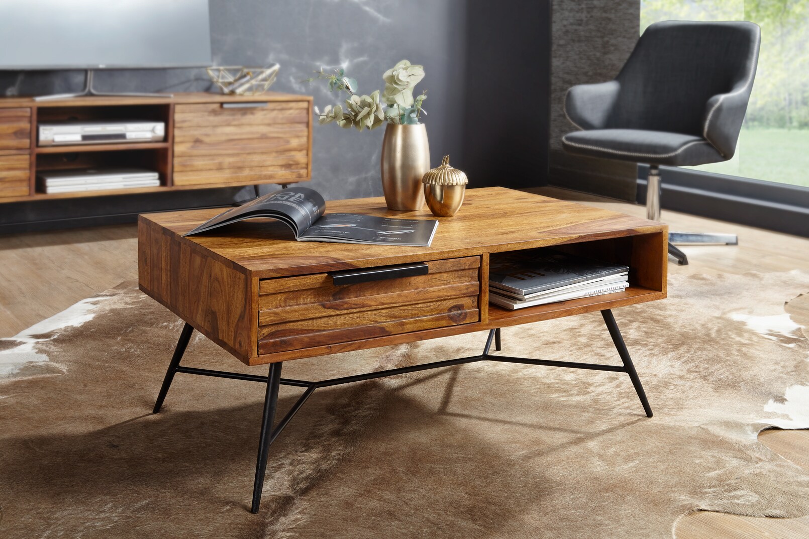 KADIMA DESIGN Couchtisch FORMIO im Industrial-Look, einzigartige Holzmaserung, Sheesham, 87x41x55 cm