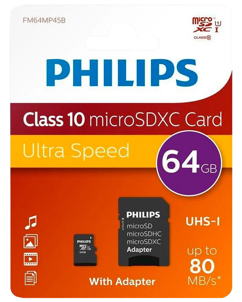 PHILIPS Micro SDXC kort - 64GB med SD adapter