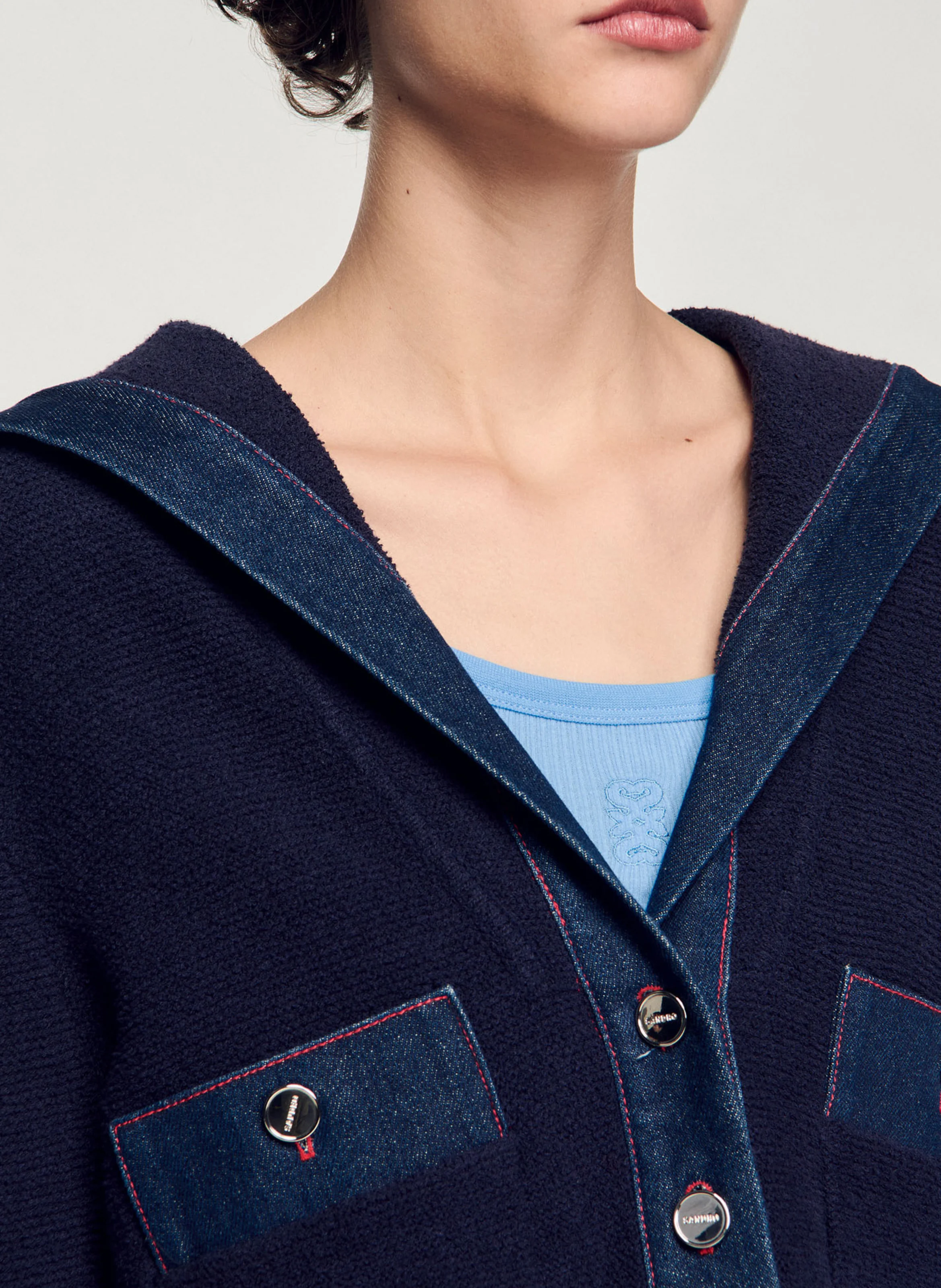 Cardigan à détails denim en coton mélangé | Bleu