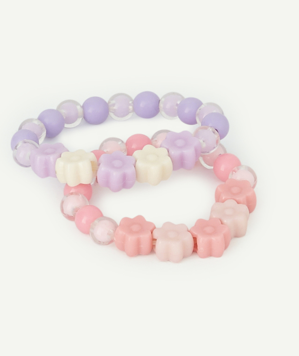 LOT DE 2 BRACELETS EN PERLES AVEC FLEURS ROSE ET VIOLET FILLE