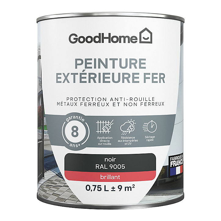 Peinture extérieure métal GoodHome noir RAL 9005 brillant 0.75L