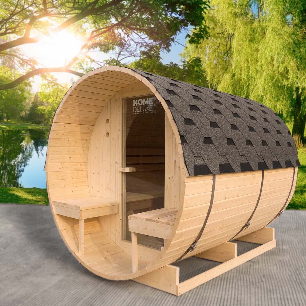 Home Deluxe - Buitenbarrelsauna LAHTI DELUXE L - Afmetingen: ca. 195 cm x 192 cm x 220 cm, Houtsoort: Vurenhout - incl. saunakachel en saunatoebehoren | Tuinsauna, buitensauna, barrelsauna voor 4 personen