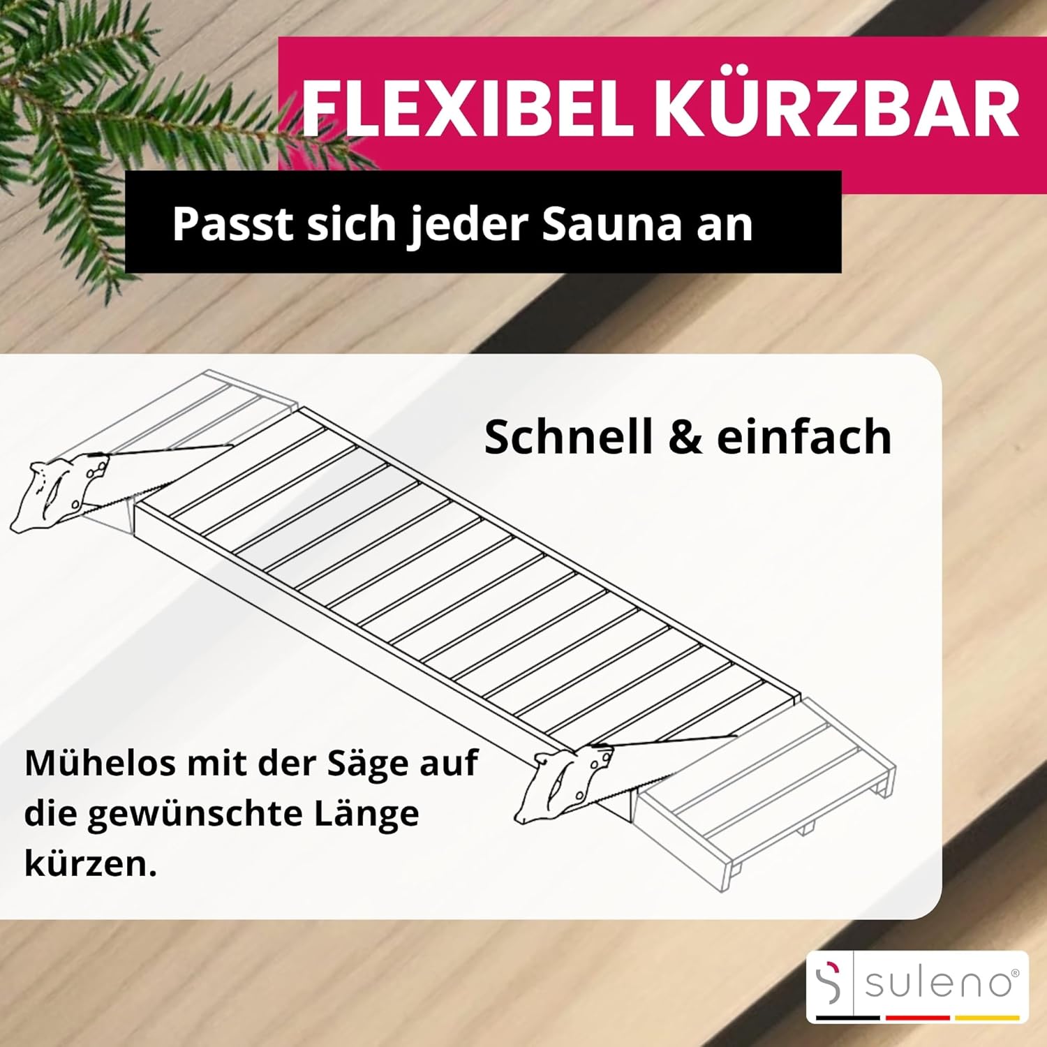 Suleno Saunabank Set VISBY, 3 Saunaliegen 4 Rückenlehnen 2 Bankblenden Ast-, harz- & splitterfrei - Formstabil & Hitzebeständig Kürzbar 2 Größen Saunaset - Saunaholz zum Sauna Selbstbau (220 x 206 cm)