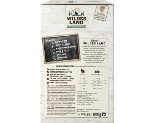 WILDES LAND natvoer voor katten, proefverpakking met 8 zakjes, multipack 8 x 100 g, vis, gevogelte, konijn, rund- en kalfsvlees met waardevolle superfoods, graanvrij, glutenvrij, 800 g