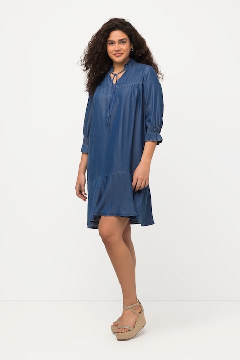 Lyocell-Kleid, Jeansoptik, Tunika-Ausschnitt, 3/4-Arm