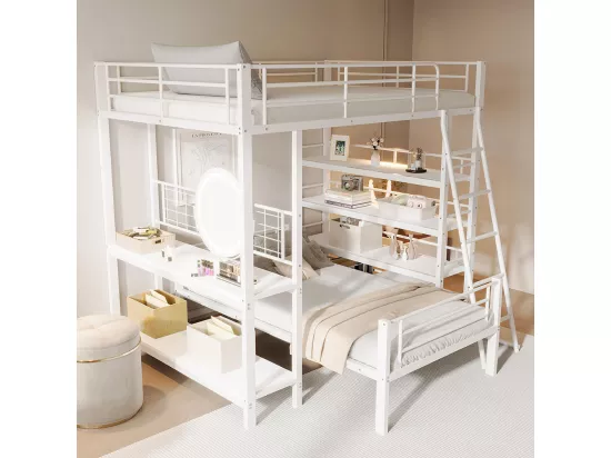 Lit superposé, cadre en métal, lit en mezzanine, 140*200, lit multifonctionnel avec plusieurs compartiments de rangement, blanc