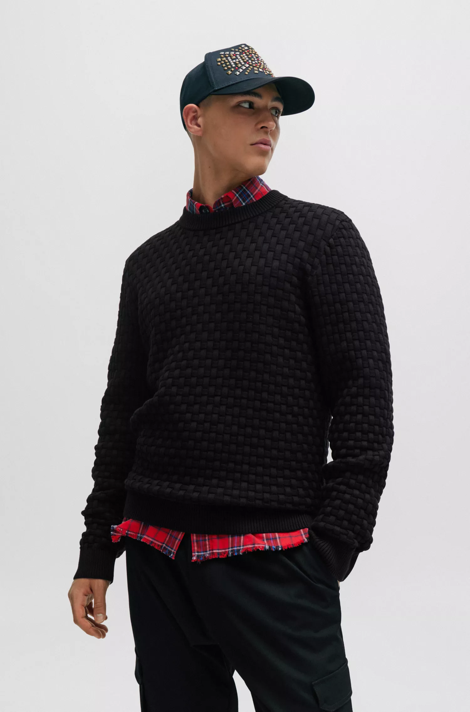 Suéter HUGO vermelho, modelagem relaxada, em puro algodão, com padrão de tricô 3D.