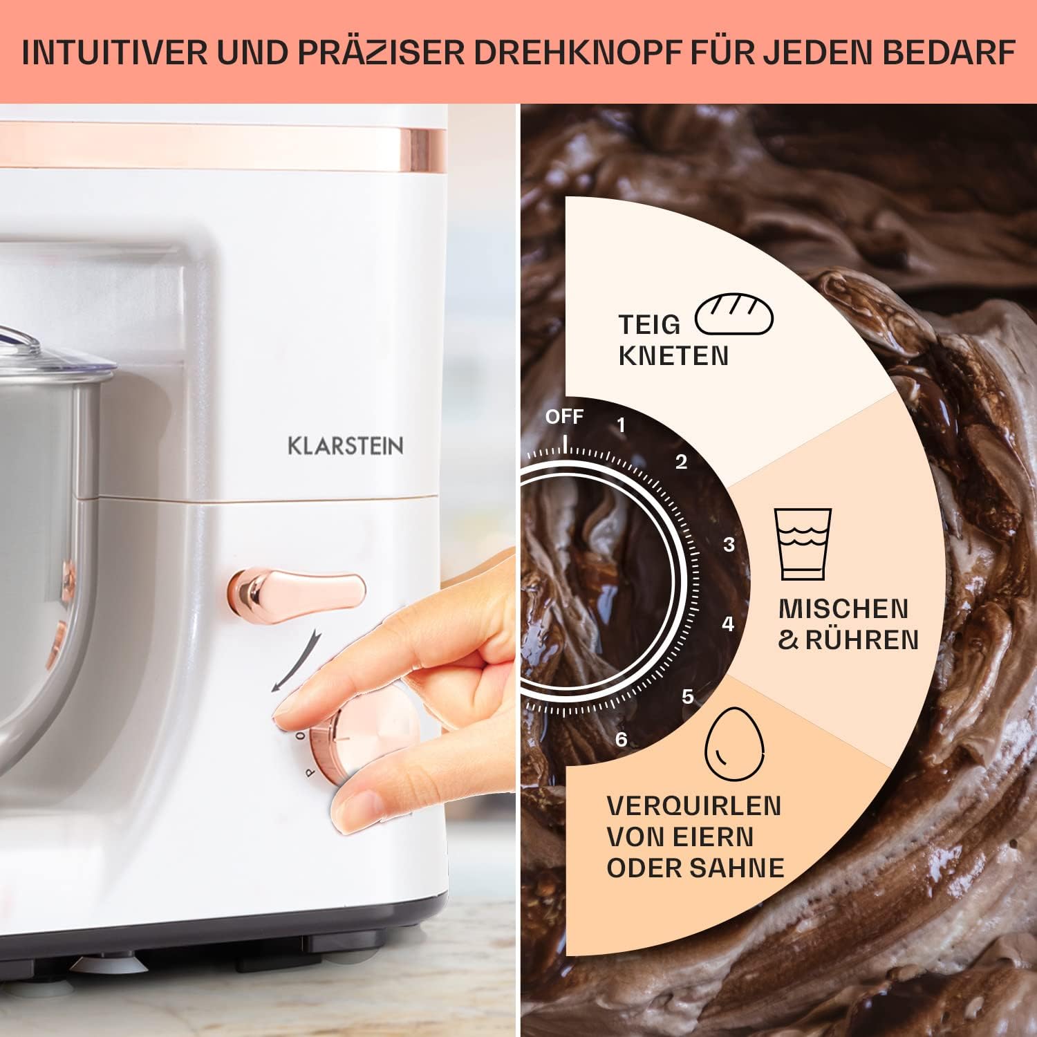 Klarstein Küchenmaschine Mit 5L Schüssel - 1800W Profi Knetmaschine Mit Knethaken Und Schneebesen - 6 Stufen Universal Teigmaschine Zum Rühren, Kneten Und Aufschlagen