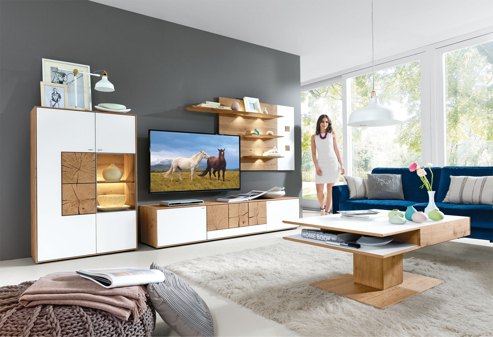 hartmann Wohnwand III CAYA 341 x 176 cm Kerneiche /weiß