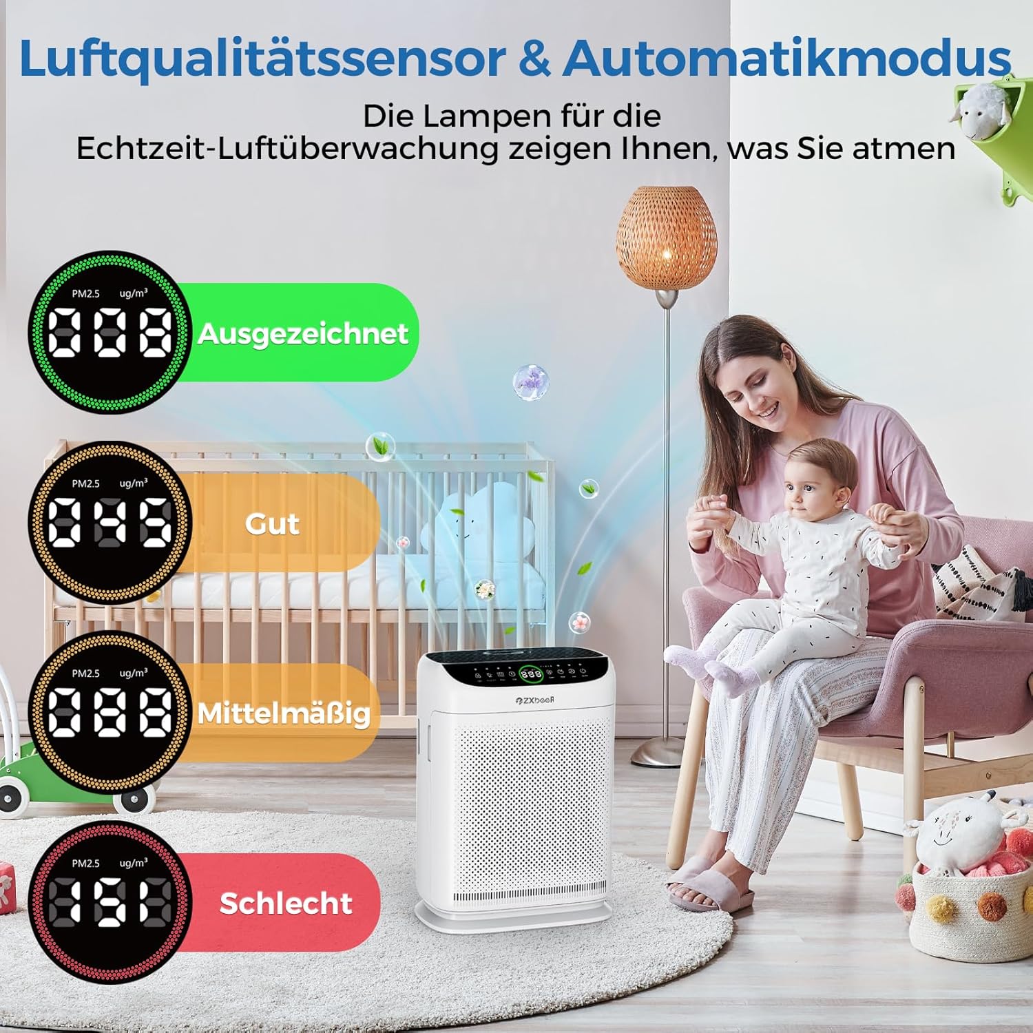 ZXBEER Luftreiniger Allergiker HEPA-Luftreiniger mit CADR 400m³/h（260m²）,zweiseitiger Filtration und waschbarem Filter,20dB Nachtmodus, Timer,Luftreiniger für Haustiere,Schlafzimmer,Staub,Pollen,Weiß