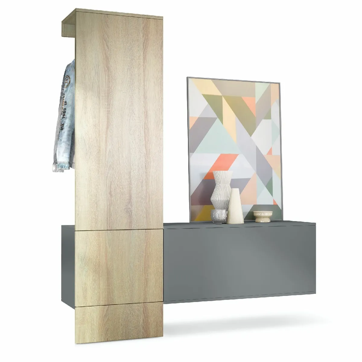 MPC Vestiaire - Gris et aspect chêne - 156.5 x 193 x 35 cm