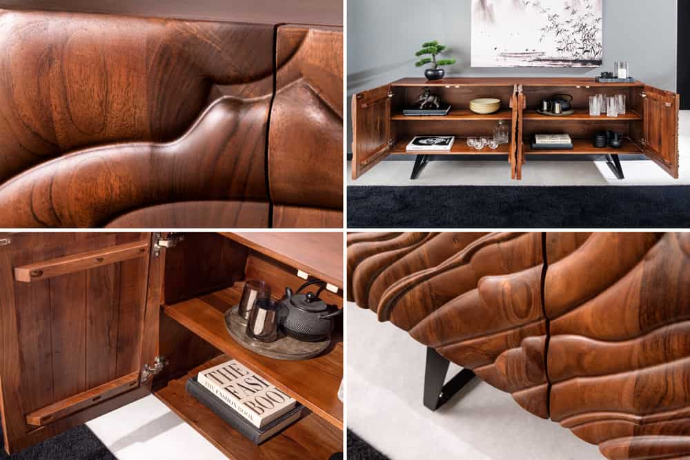 Massives Sideboard FLUID 175cm walnuss-braun Akazienholz 3D-Design Kufengestell