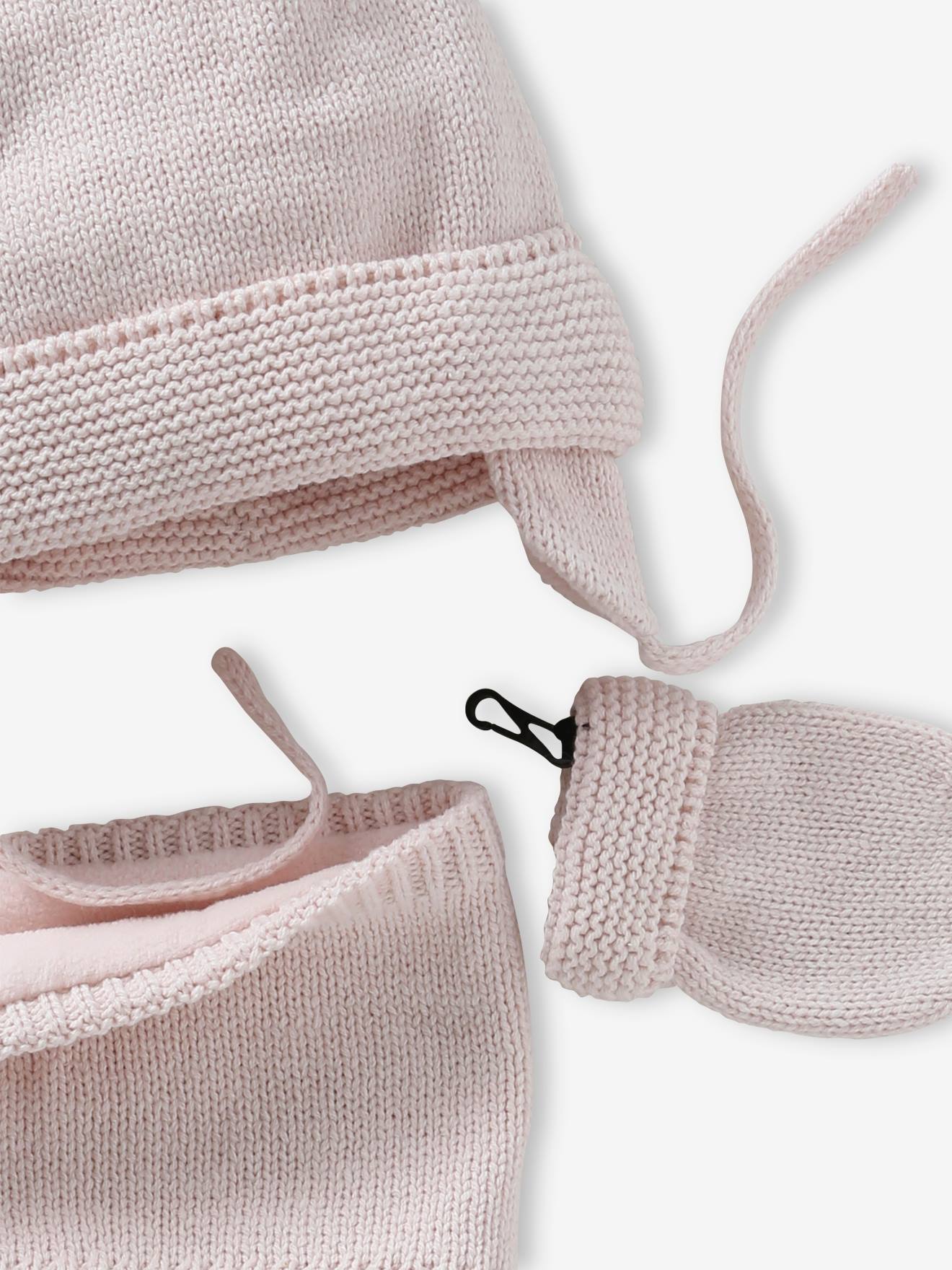 Conjunto para bebê menina: gorro + cachecol tubular + luvas, rosa claro