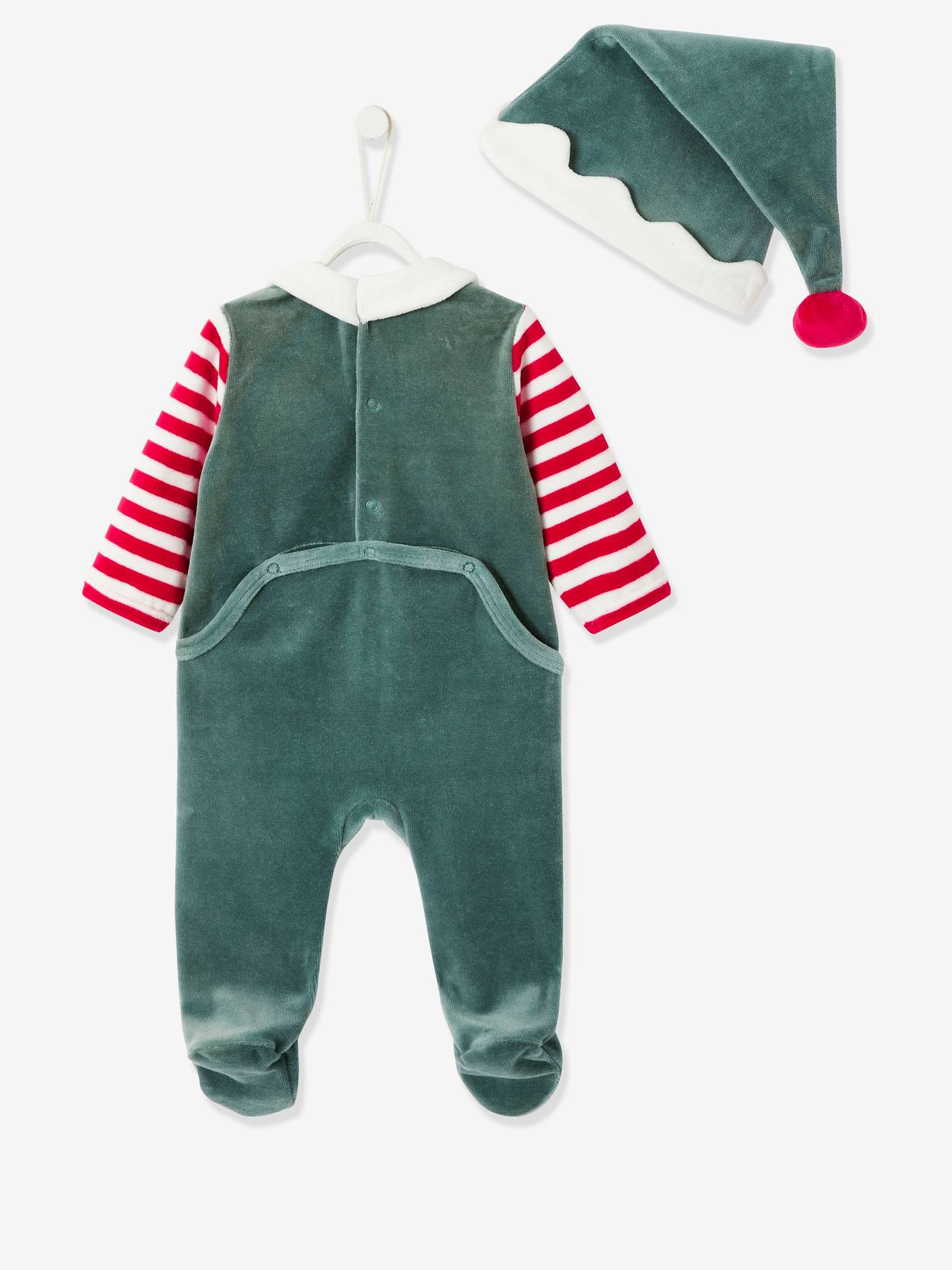 Conjunto de pijama de Natal unissex para bebê + gorro verde liso tamanho médio com estampas