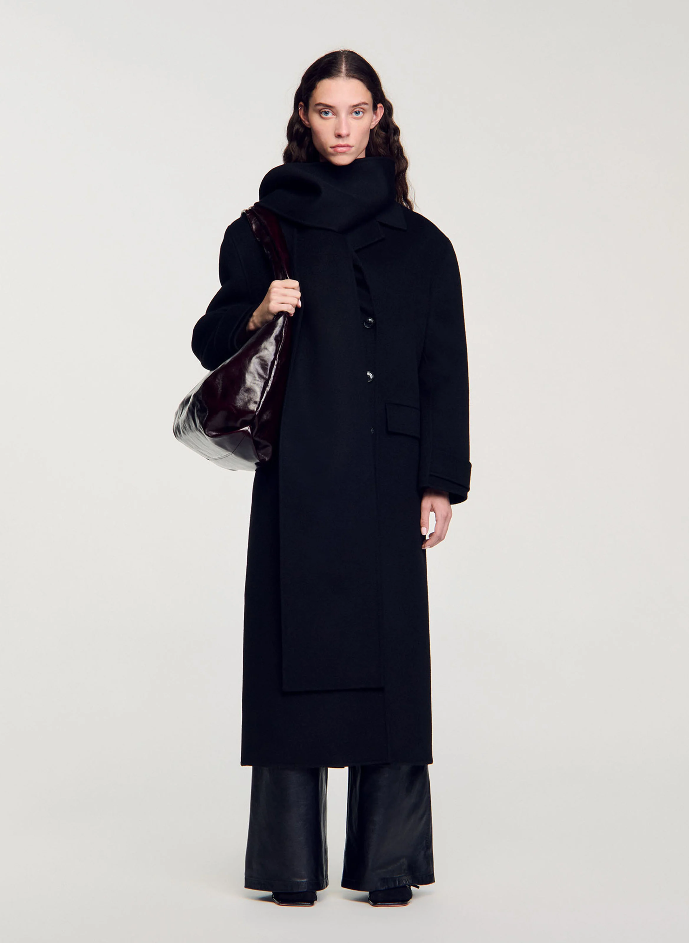 Manteau col à écharpe en laine | Noir