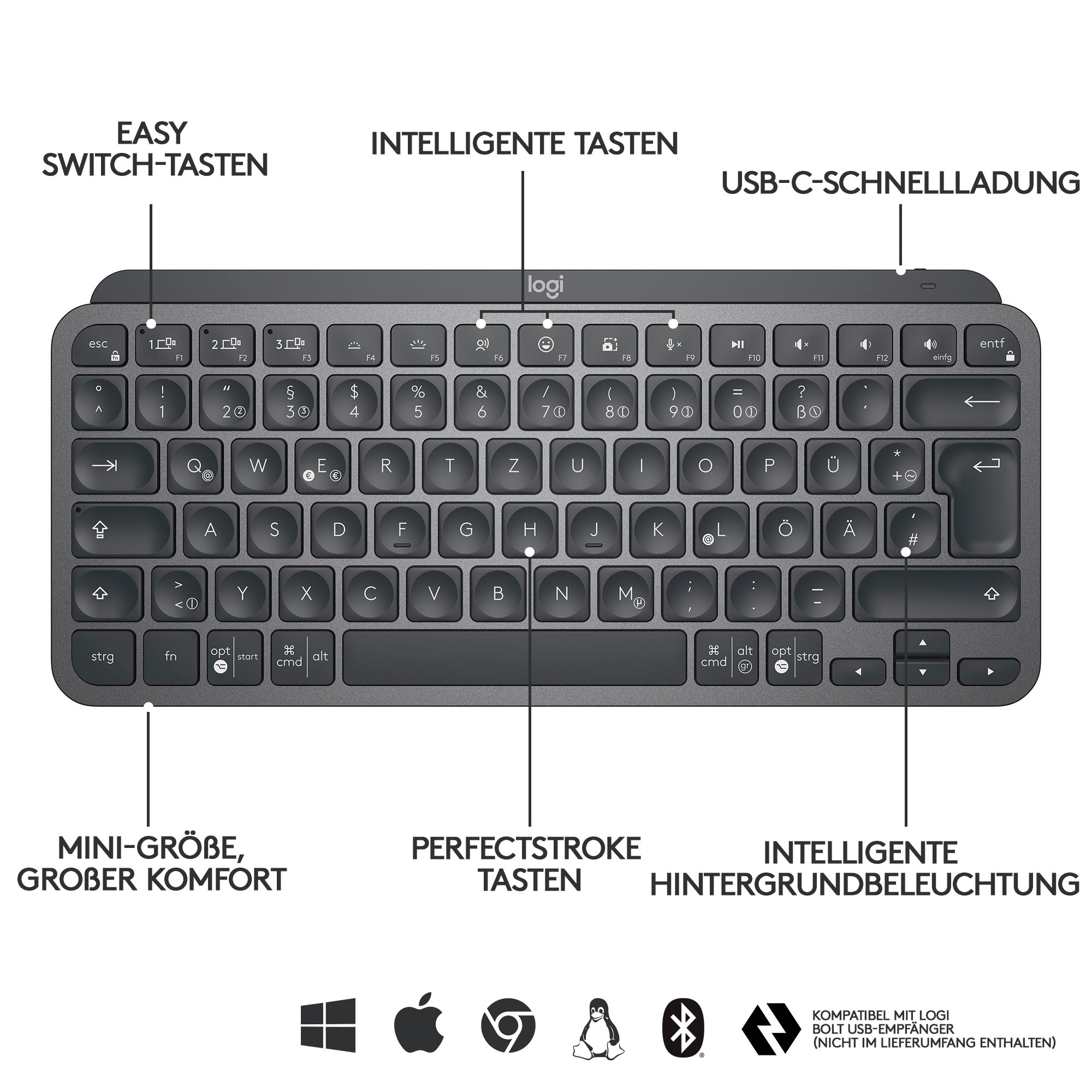 Logitech Wireless-Tastatur »MX Keys Mini Kabellose Tastatur« (Fn-Tasten | Multimedia-Tasten)