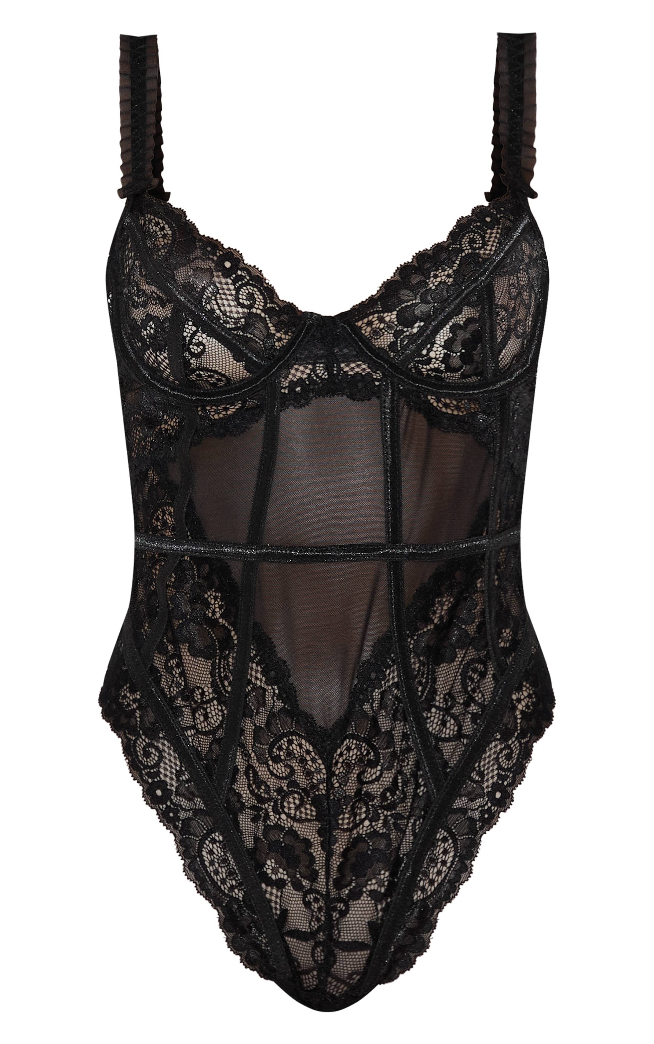 Noir Body En Dentelle À Panneaux Avec Détails De Volants En Mesh