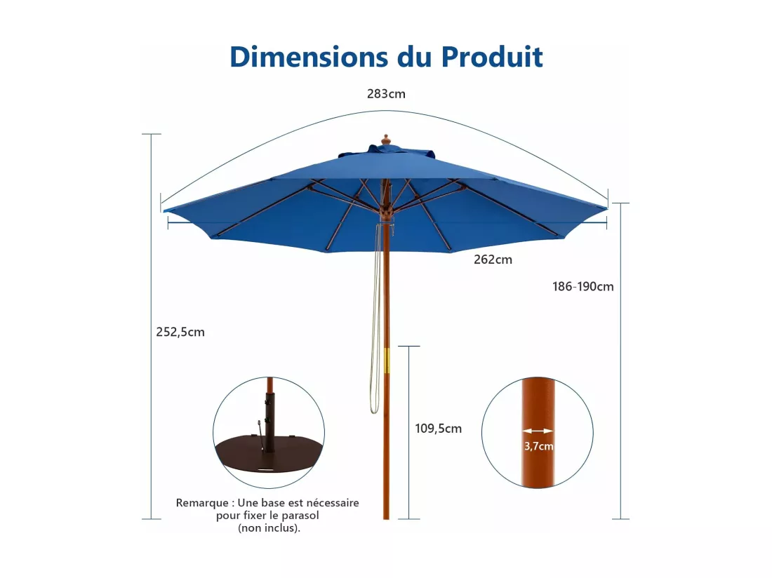 Parasol de Jardin Pliable 2,9M avec Mécanisme de Poulie à Corde Poteau en Bois 8 Baleines en Fibre de Verre pour Cour, Bleu
