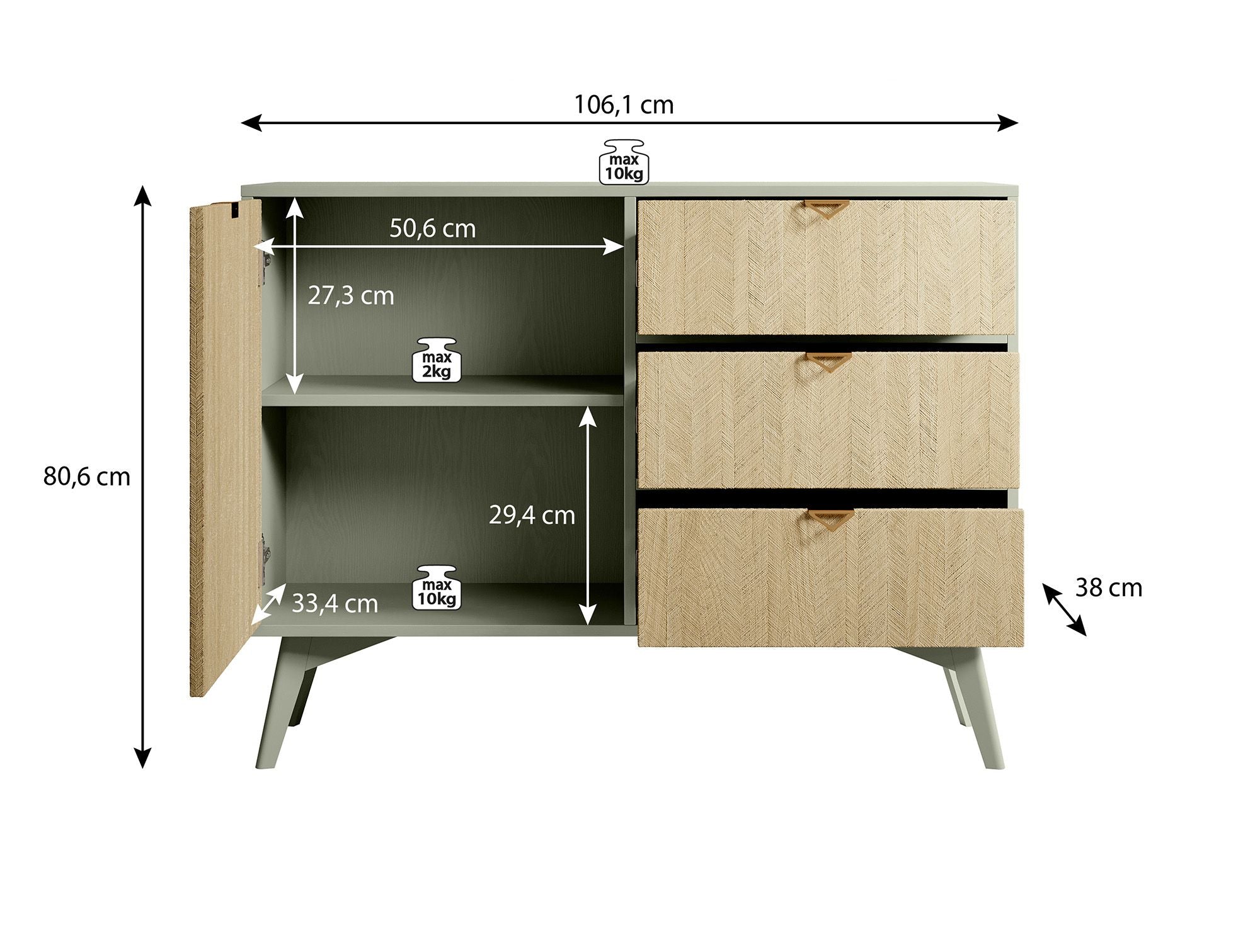 Meubella - Dressoir Essence - Groen - Licht eiken - 106 cm