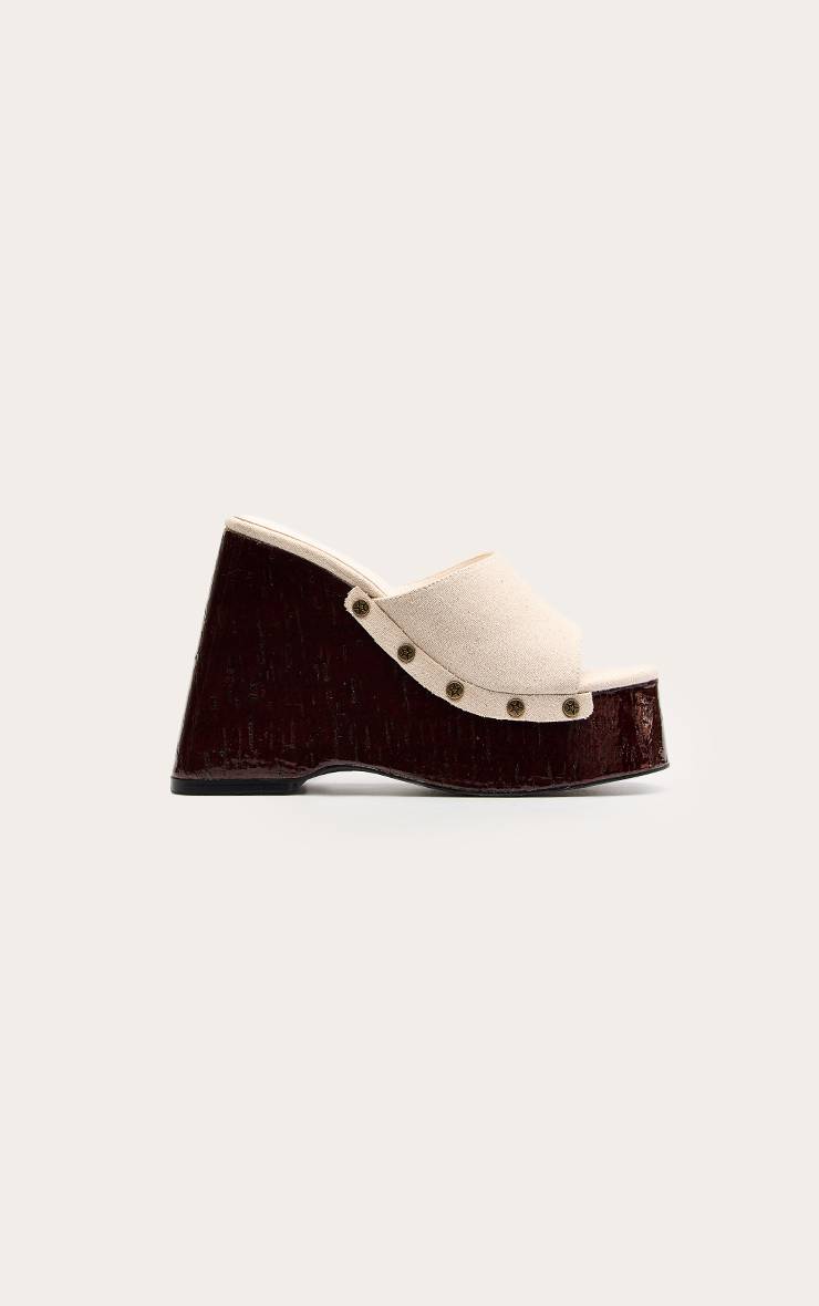 Naturel Mules Compensées En Lin À Clous