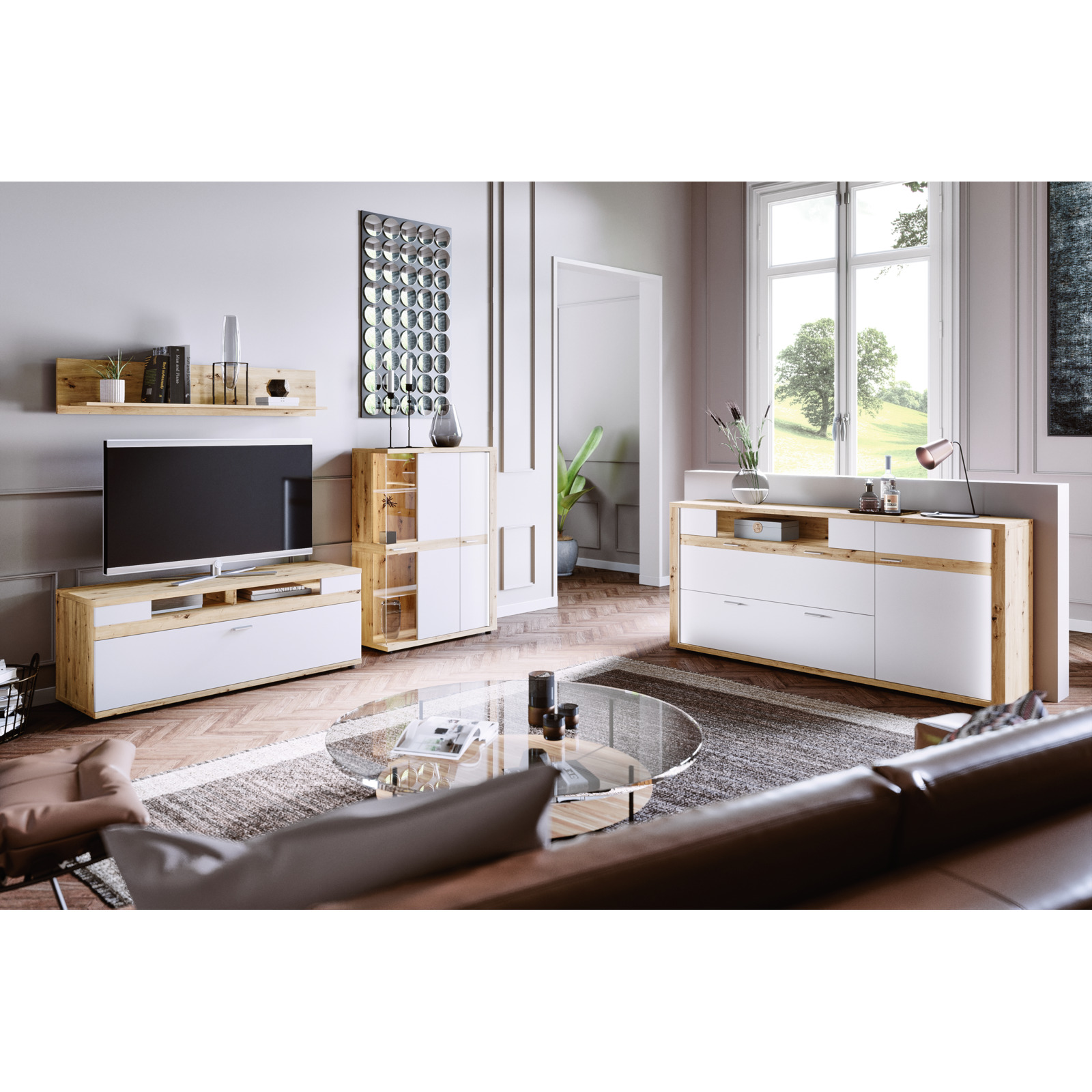 Sideboard Alenas Melamin Artisan weiss 200 x 91 x 40 cm inkl. seitliche LED-Leisten im Rahmen