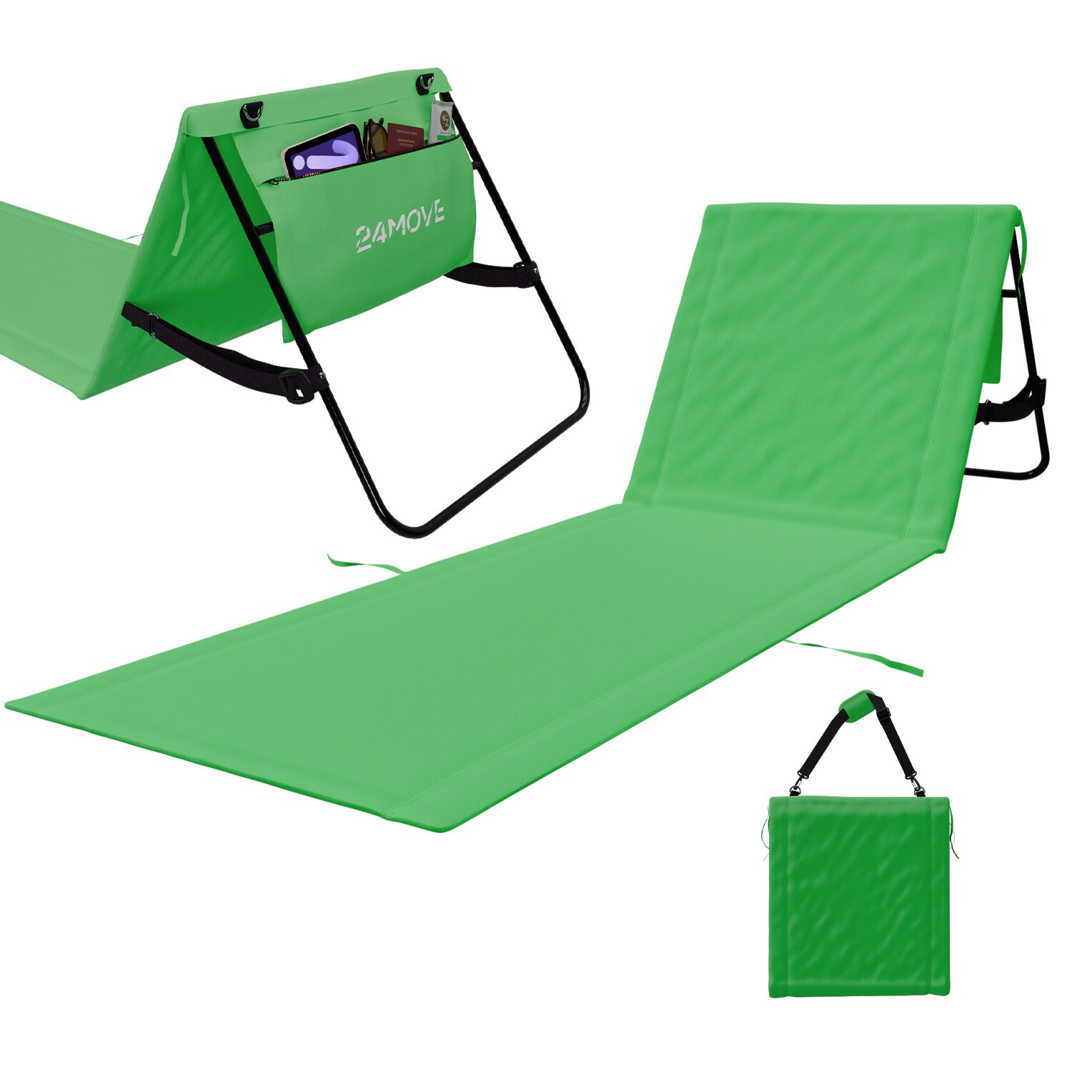 24MOVE® Strandmatte 1er Set klappbar mit Rückenlehne, Strandliege mit Gurt, tragbar für Strand und Garten, Liegematte grün