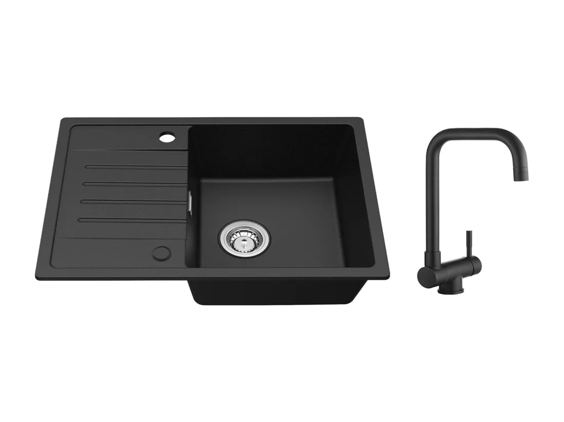 Cecipa max Evier 1 Bac avec Egouttoir Evier à encastrer Quartz et résine Noir 65x45cm + Cuisine Rabattable Robinet Pliable Mitigeur Sous Fenêtre Noir