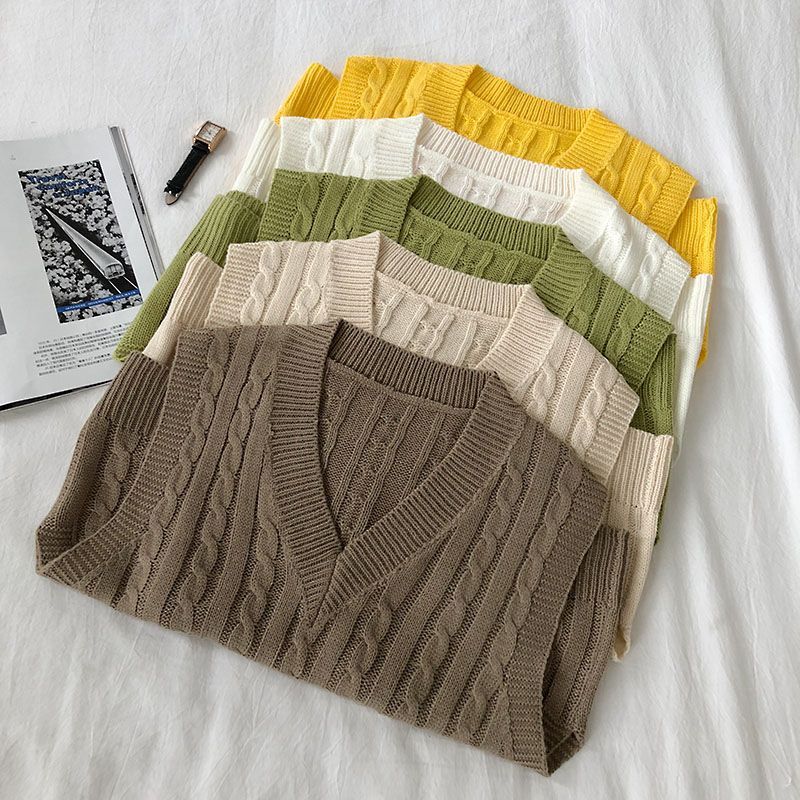 DIYI - Effen kabelgebreid vest met V-hals