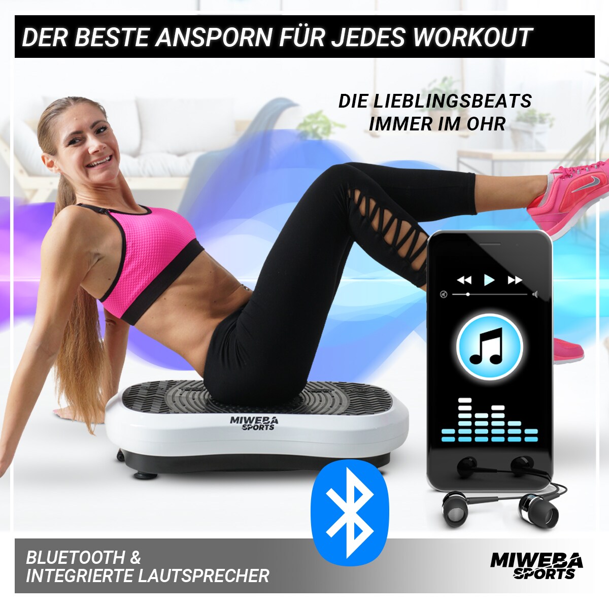 Miweba Sports Vibrationsplatte MV100, 2D-Vibration, Bluetooth, 99 Stufen, 10 Programme, 250 Watt (Schwarz)