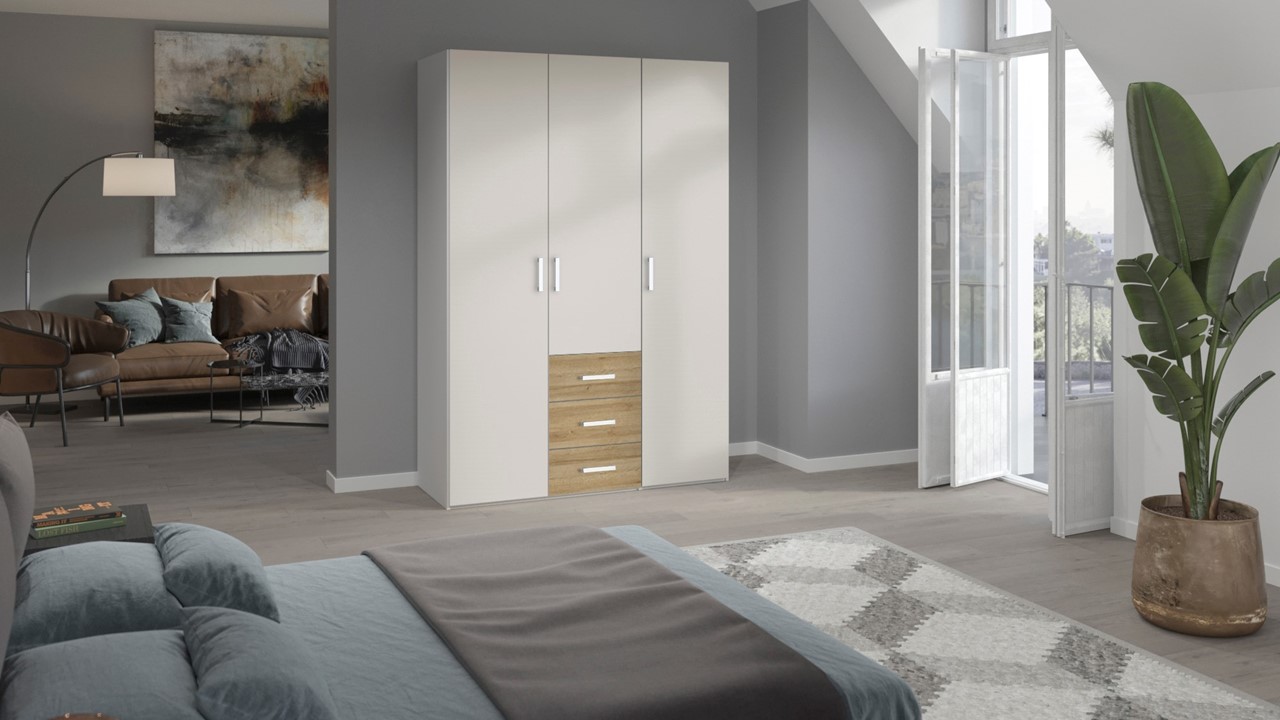 Draaideurkast Compact met laden en houten deuren wit/eiken