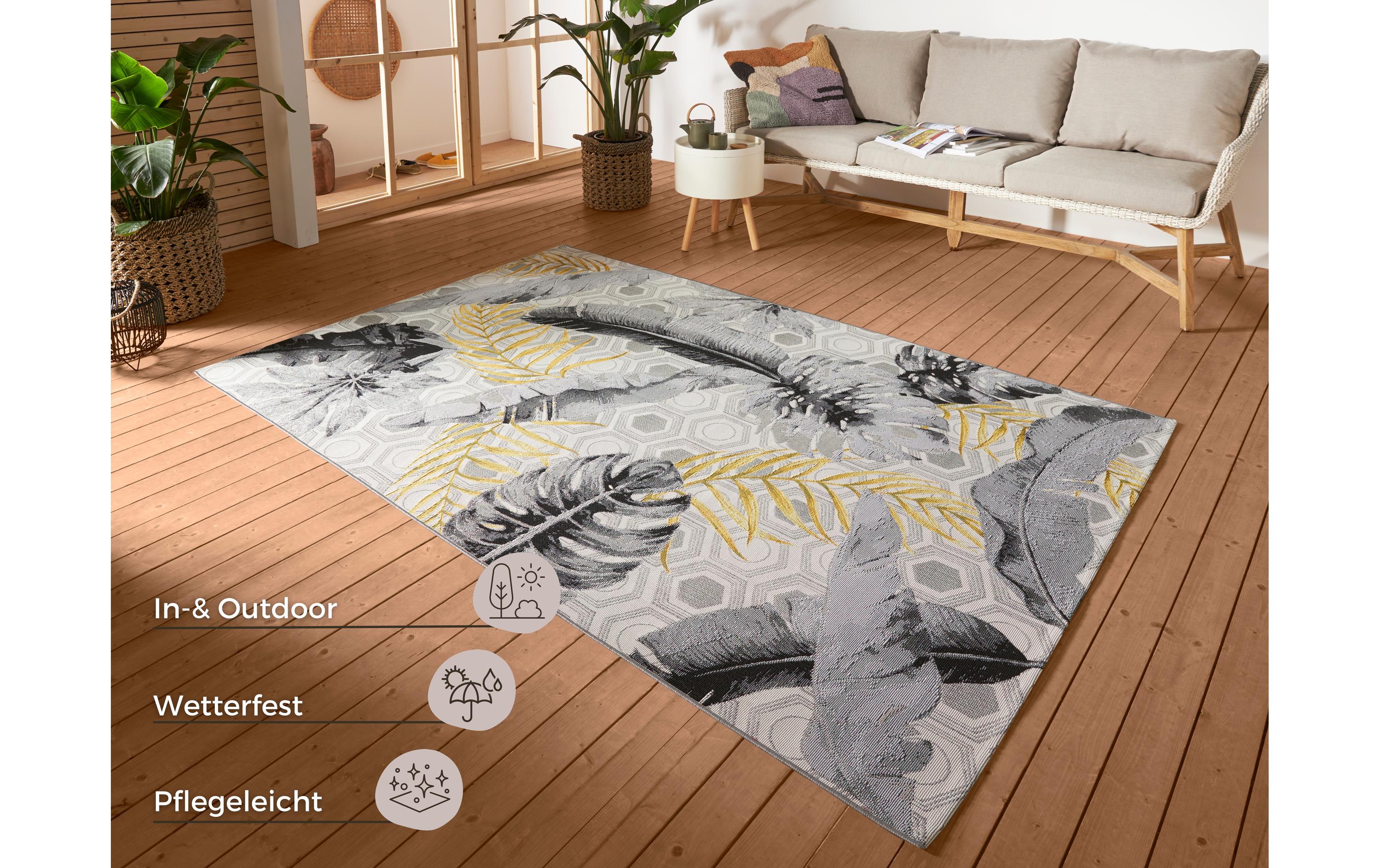 Teppich Gold Leaves 80 cm x 165 cm, MehrfarbigIn- & Outdoor Teppich, Flachegwebeteppich im Tropischen Palmen Design, Wetterfest & Wasserfester Aussenteppich für Terrasse, Balkon, Garten Wohnzimmer