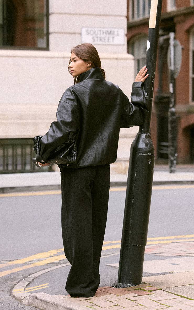 Noir Veste En Synthétiquecuir À Col Montant Et Patte De Boutonnage Dissimulée