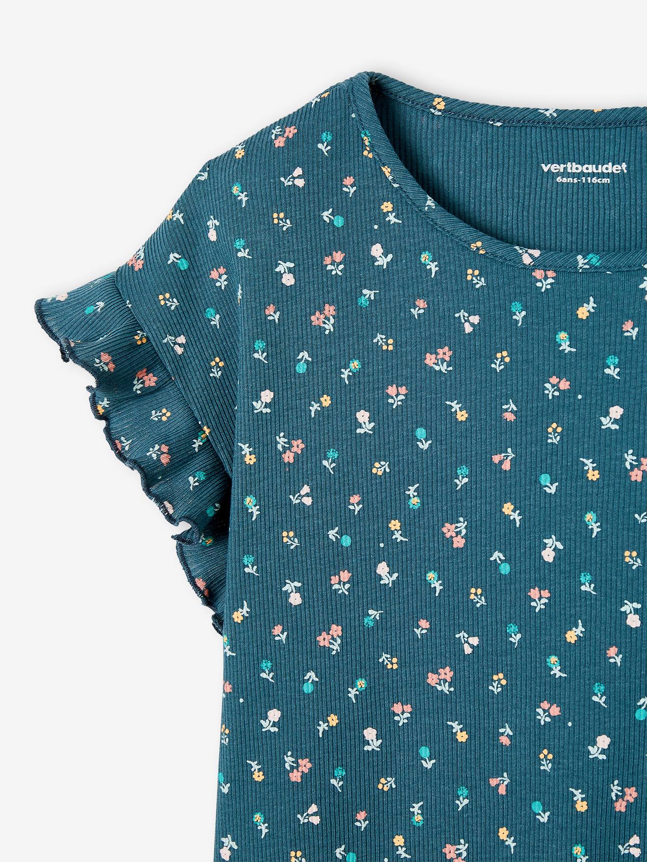 Camiseta canelada com estampa floral para meninas, cor cru