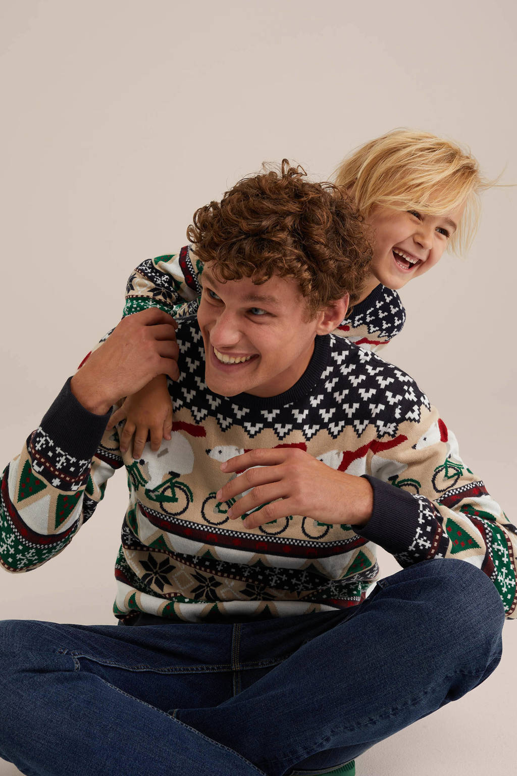 WE Fashion gebreide kersttrui donkerblauw/beige/groen