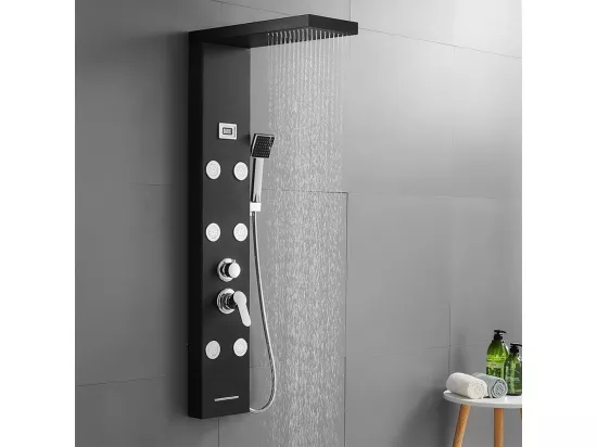 Panneau Douche Hydromassante Noir,inoxydable,avec 6 Buses Massants,Écran LCD+Ensemble Salle Bain Accessoire 6 Pièces,Auto-adhésif/percer,nox,Noir